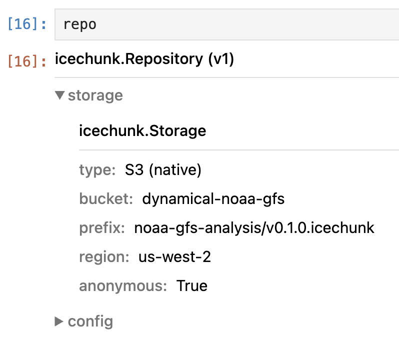 Rich HTML repr of an Icechunk Repository object, showing storage backend, config, and spec version at a glance.