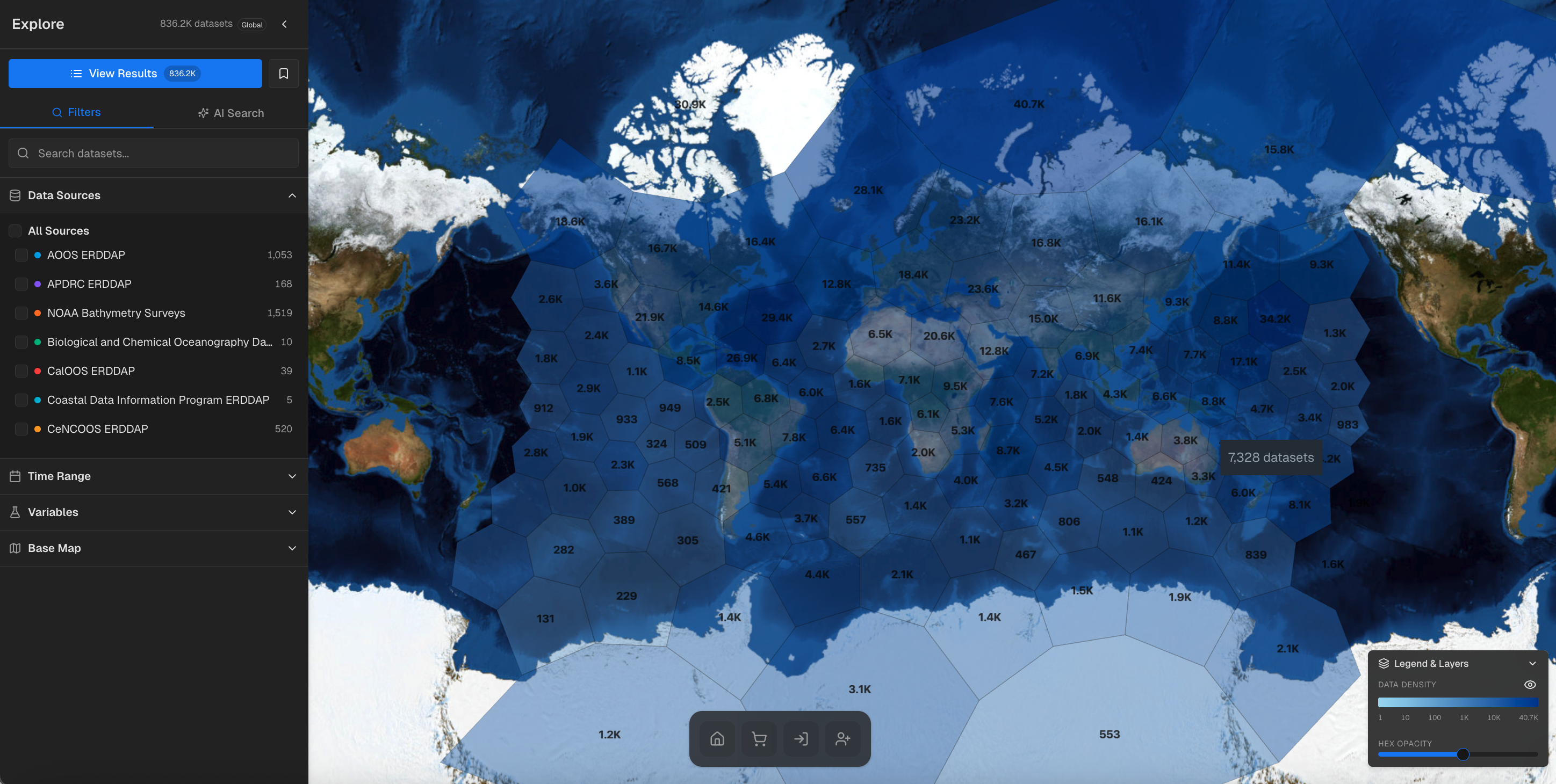 AQUAVIEW Explore — datasets visualized as hexagonal density bins across the world ocean