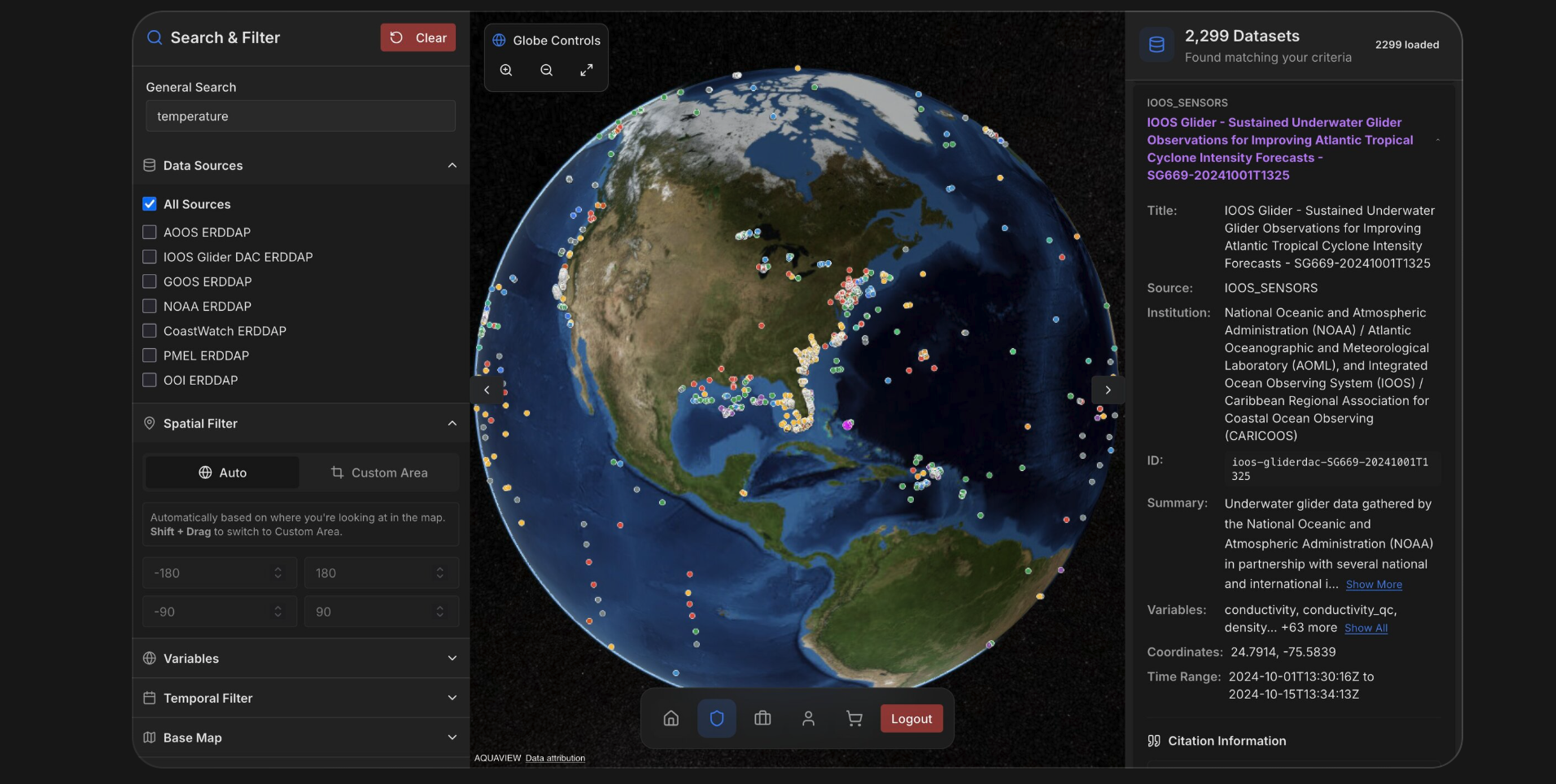 AQUAVIEW Explore — 3D globe interface showing datasets matching a temperature search