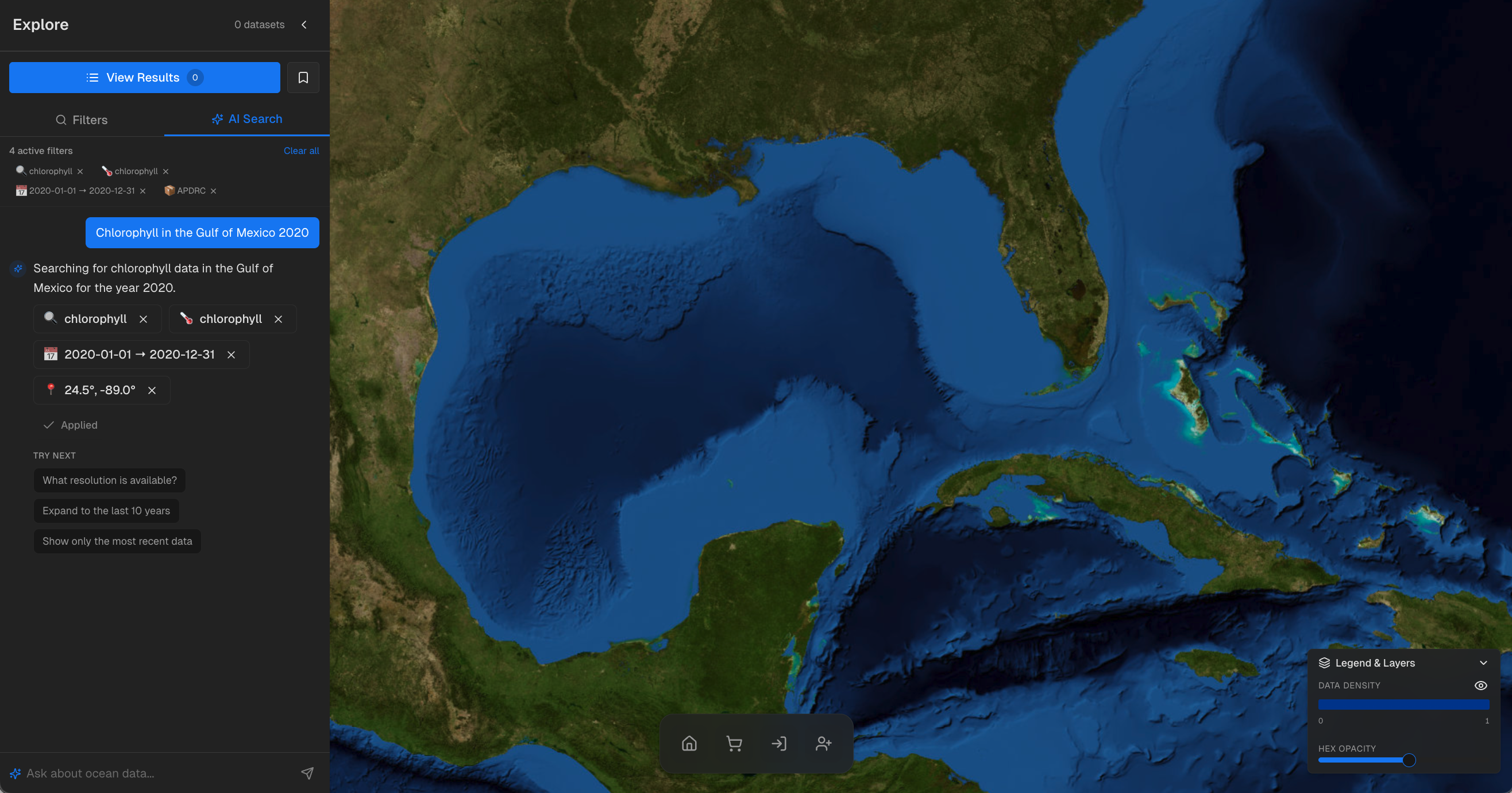 WOD Chat — natural language query for chlorophyll data in the Gulf of Mexico, 2020