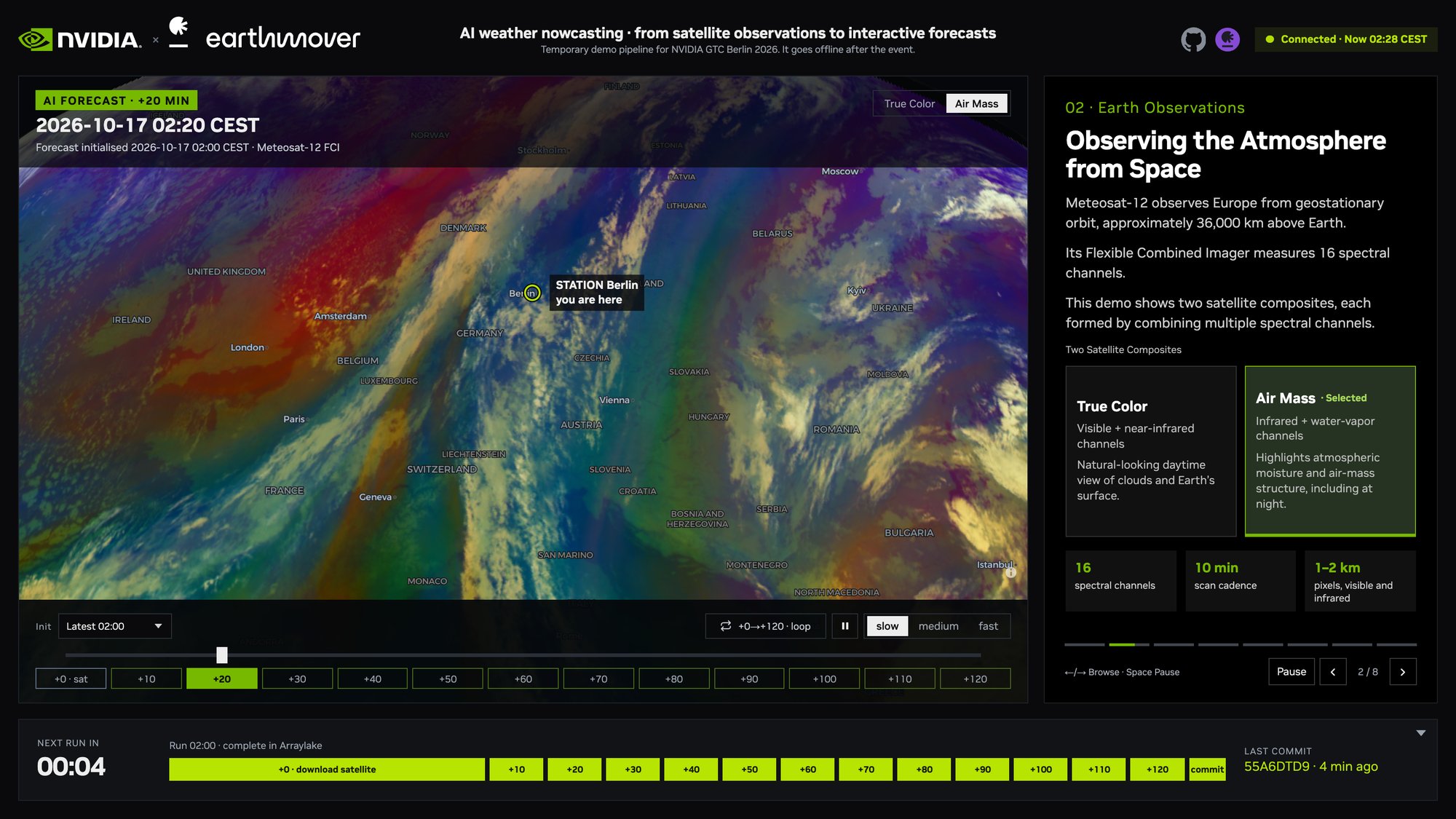 The StormScope-EU booth dashboard showing an Air Mass nowcast over Europe