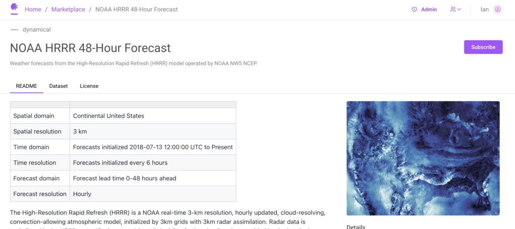 The HRRR dataset listing on the Earthmover Marketplace